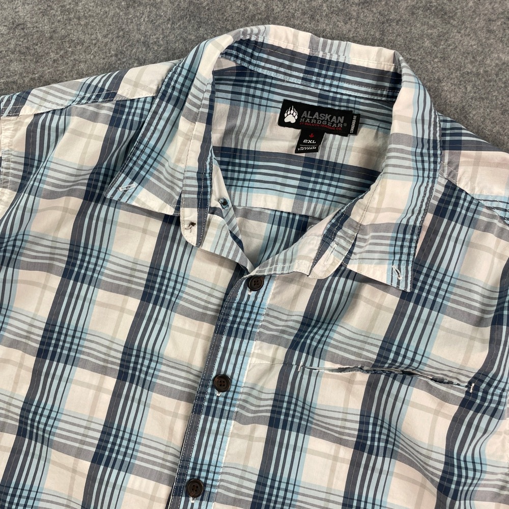 Alaskan Hardgear Mens Shirt XXL Blue, White, Gray Plaid Short Sleeve Button Up